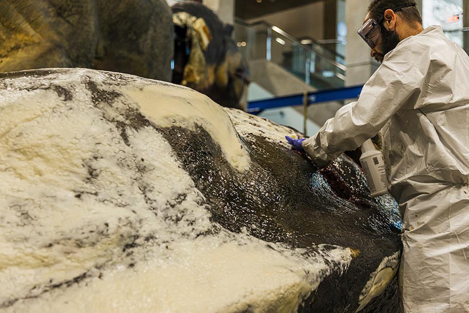 A worker wearing a protective coat, gloves and eyewear rubs a white pasty substance over the artificial dinosaur skin.